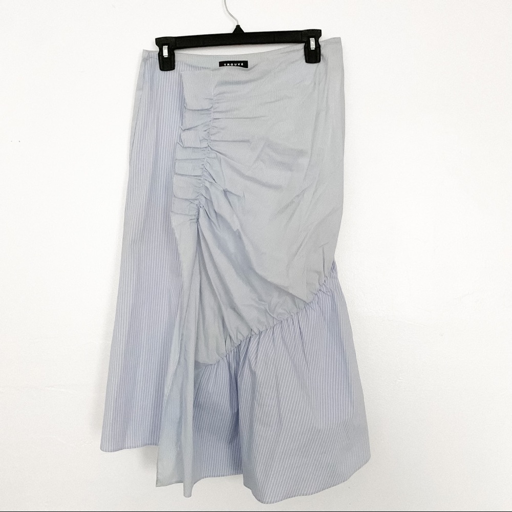 Trouve Mixed Media Asymmetrical Blue Striped Poplin Skirt